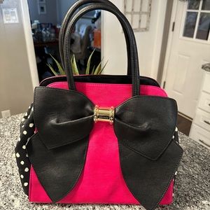 Betsy Johnson Handbag Pink and Black w/white polka dots and large front bow.